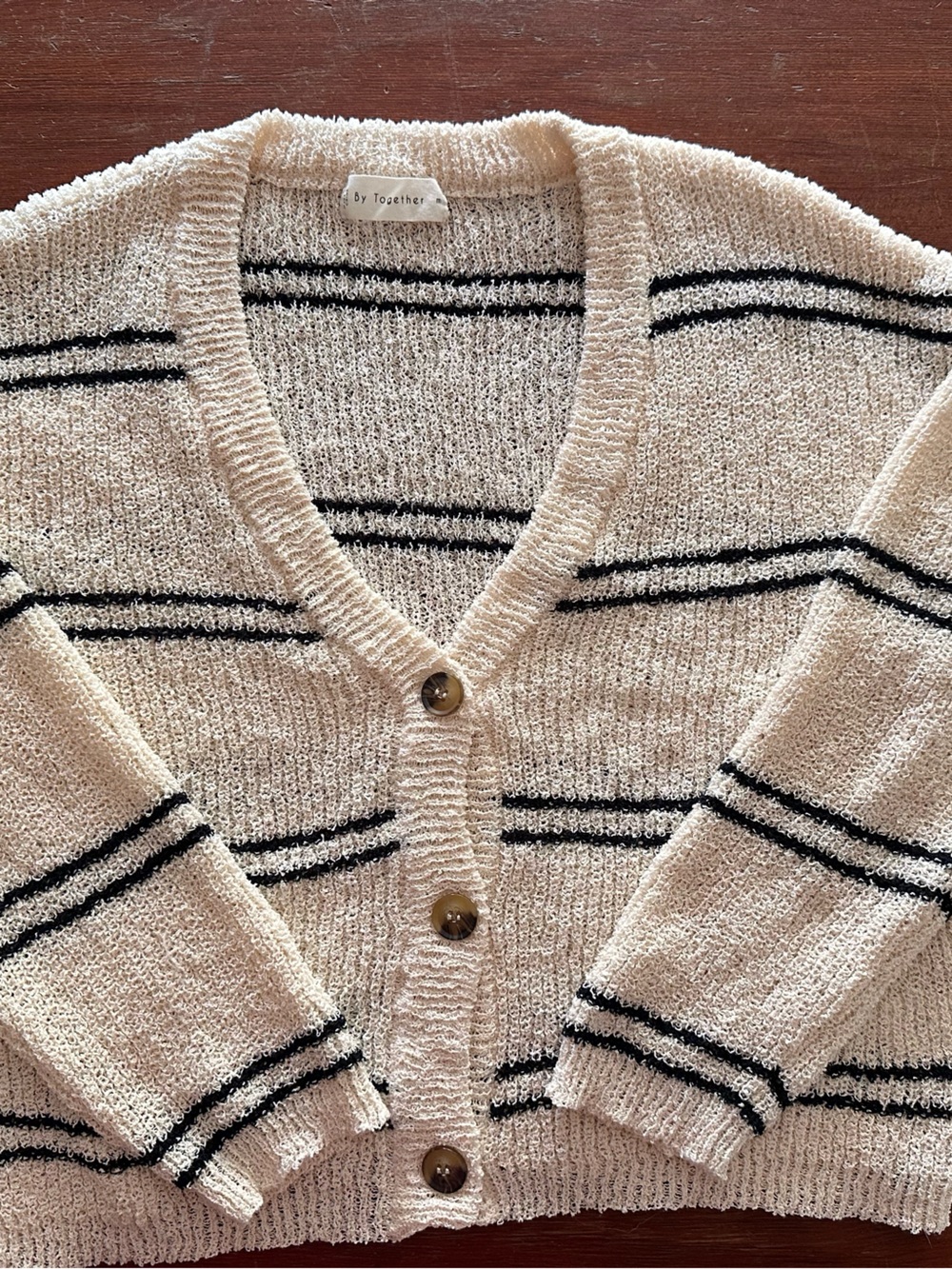 By Together Boxy Cropped Cream Cardigan with Black Stripes